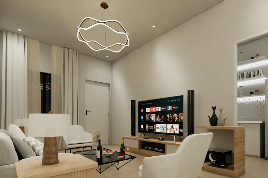 Living room in a 1 Bedroom Ghana Apartment with sofa and wall‑mounted TV